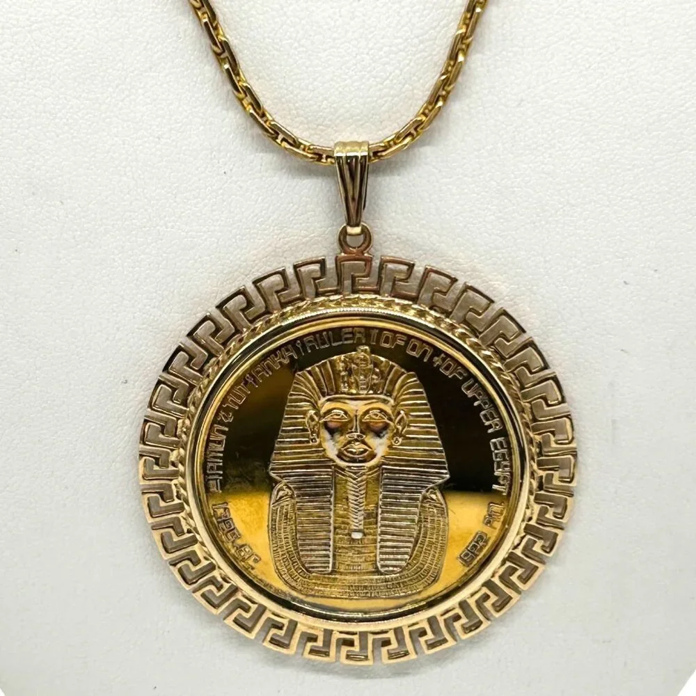 Tutankhamun Gold-tone Coin Pendant Necklace Egyptian Symbols & Greek Key Border - Picture 1 of 14